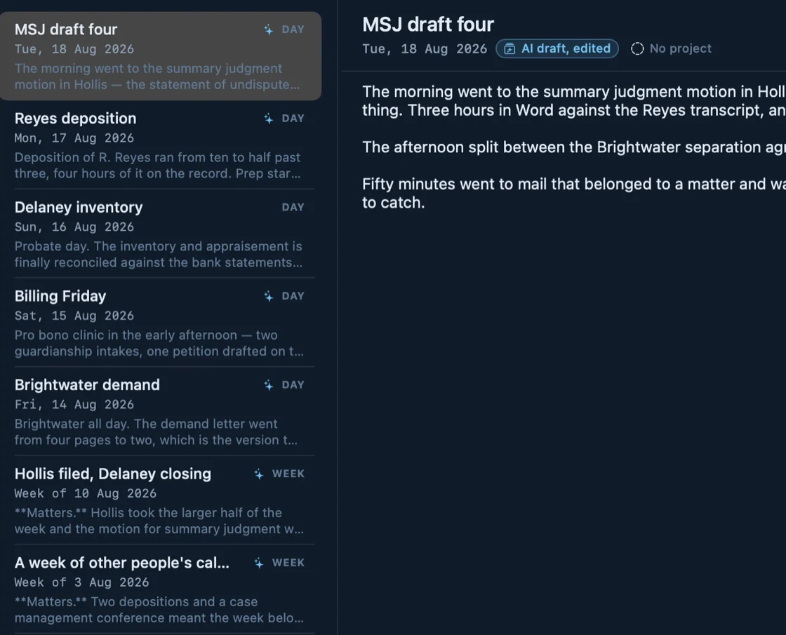 The Journal screen: an entry titled “MSJ draft four”, tagged AI draft, edited — written from the day's tracked work