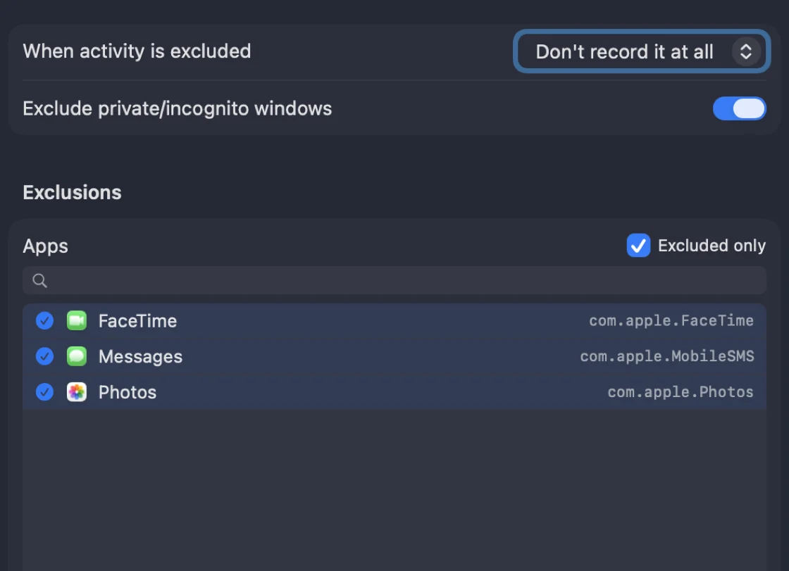 Calliday's Privacy settings: “When activity is excluded — Don't record it at all”, with FaceTime, Messages and Photos on the exclusion list
