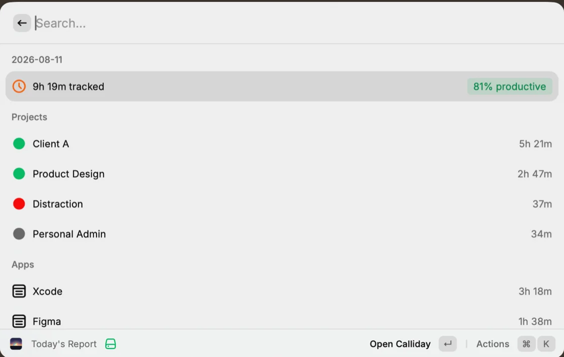 Calliday's Raycast extension: today's tracked time and productivity, then time per project and per app, behind a search field